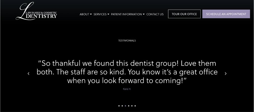 Positive testimonials on a dental website